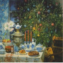 Noël Russe : sapin et samovar, carte de Noël