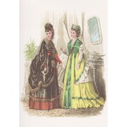 Ancienne gravure de mode féminine au 19ème siècle reproduite sur carte double.