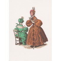 Mode au féminin sous Napoléon III , gravure ancienne reproduite sur carte double.