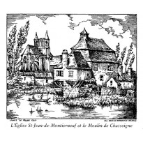 Eglise Montierneuf et Moulin de Chasseigne à Poitiers, carte double d'un dessin à la plume.