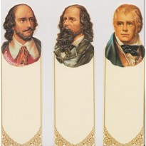 Trois Grands Ecrivains en marque-pages : Walter Scott, Shakespeare et Tennyson.