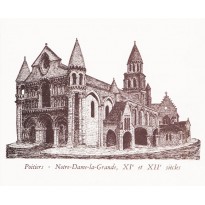 Eglise Notre Dame la Grande de Poitiers, dessin à la plume et encre de chine sur carte double.