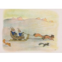 Les Lutins en promenade dans la neige, carte postale enfant