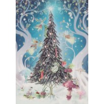 Sapin de Noël illuminé et les cadeaux, carte de Noël