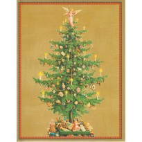 Sapin de Noël et ses nombreux décors, carte sur fond or